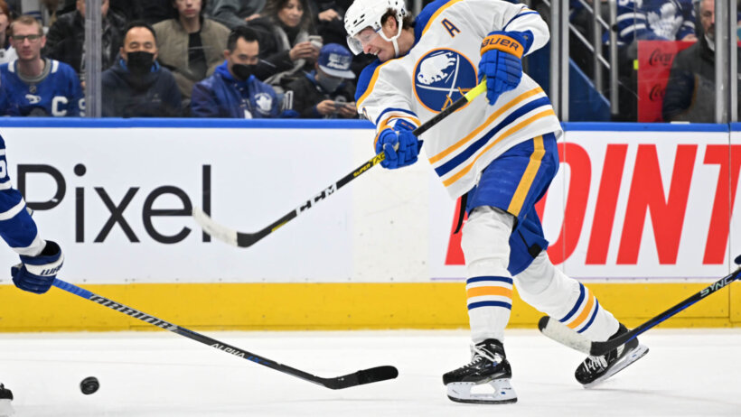 Buffalo Sabres forward Tage Thompson shoots the puck