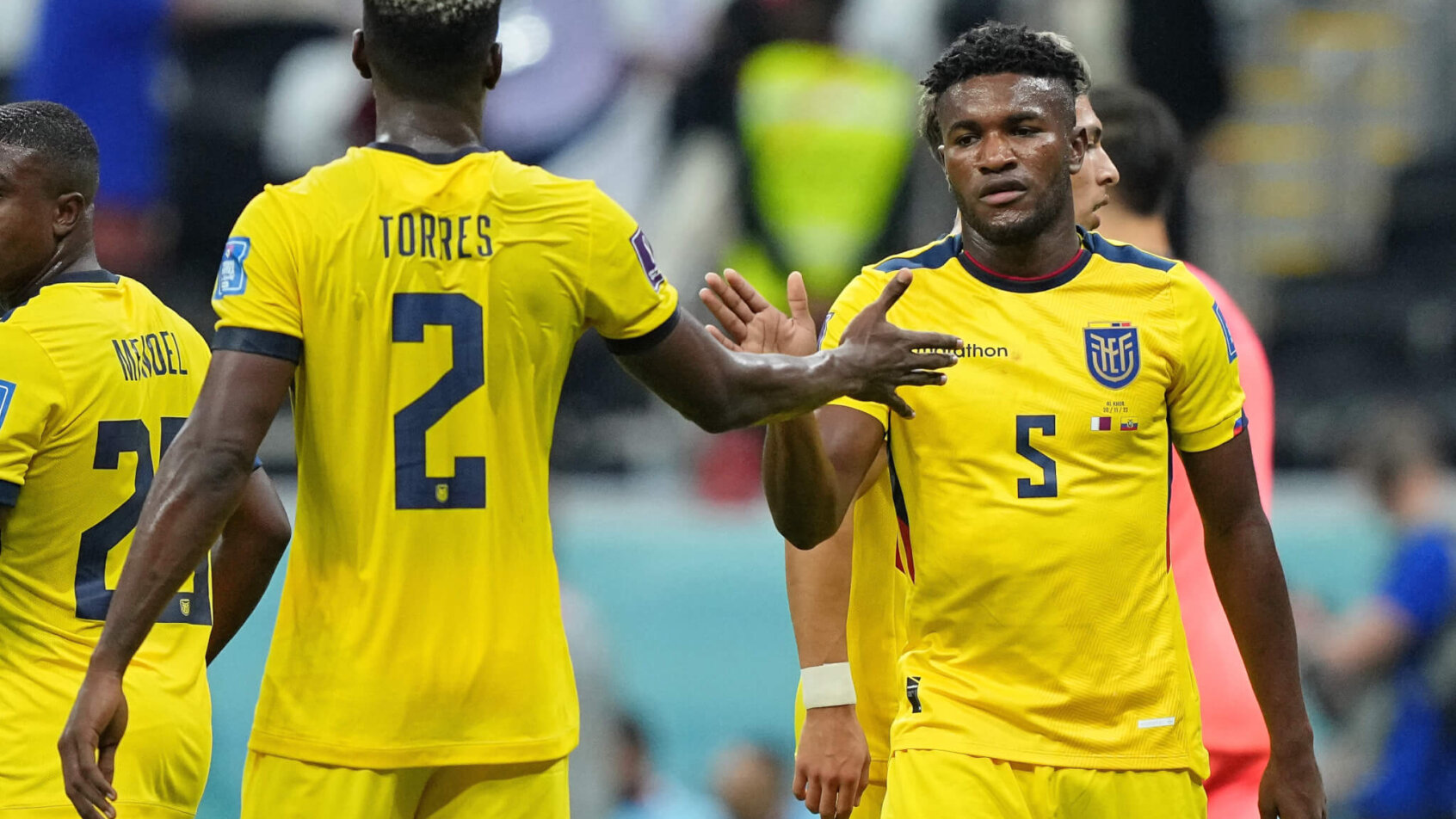 Ecuador players celebrate during the World Cup