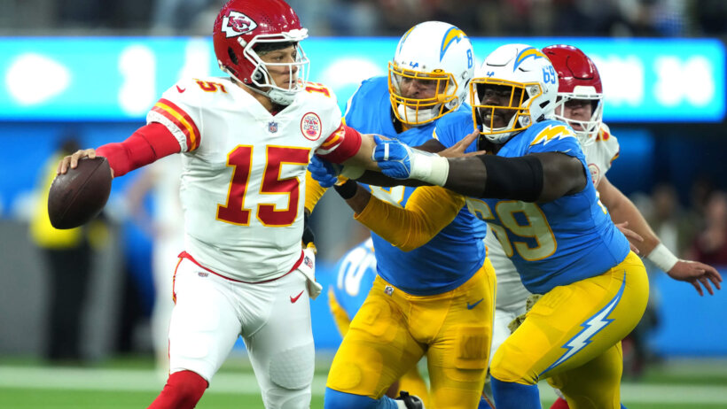 Kansas City Chiefs quarterback Patrick Mahomes is pressured