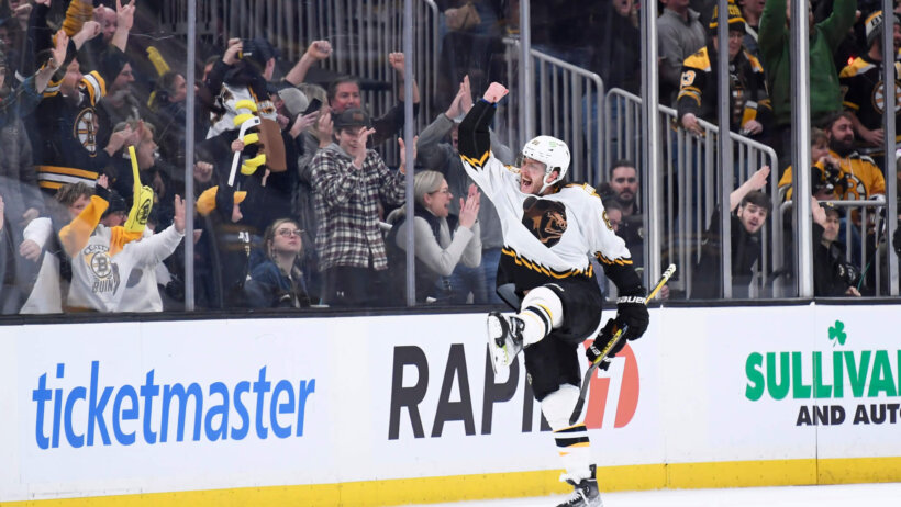 Boston Bruins right wing David Pastrnak celebrates goal