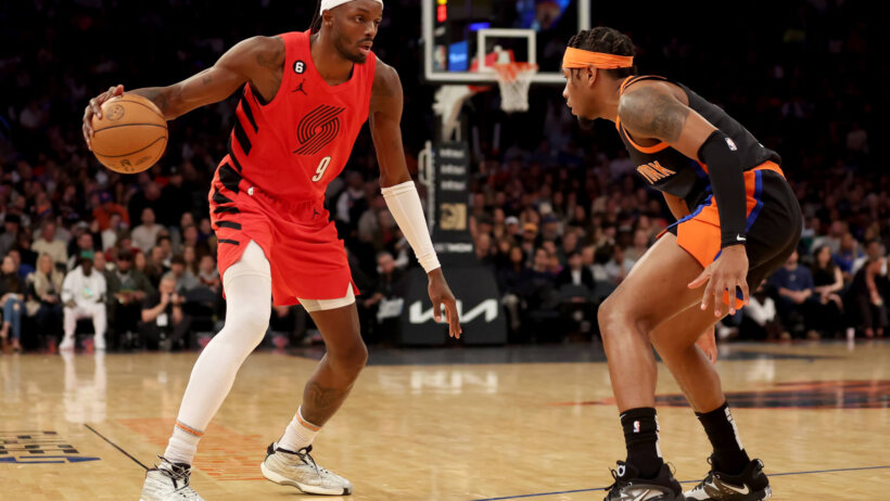 Jerami Grant dribbles; Portland Trail Blazers