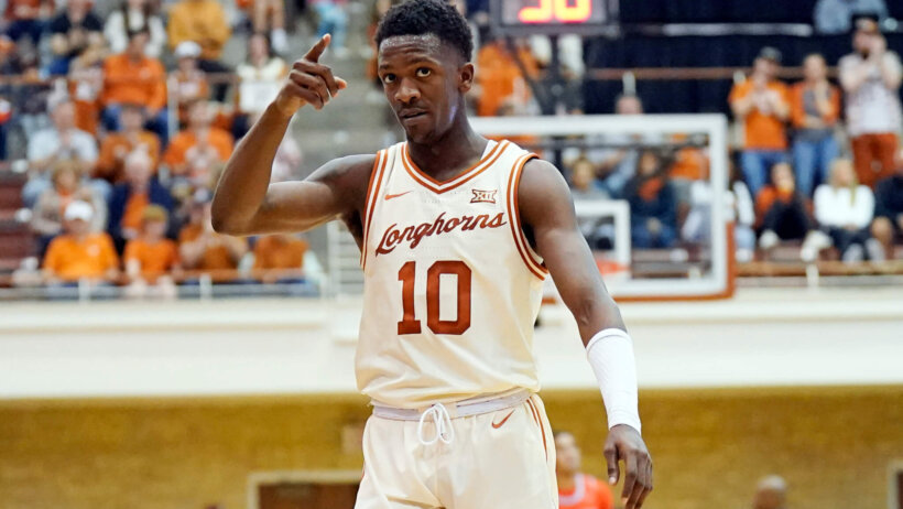 Texas Longhorns guard Sir'Jabari Rice celebrates a basket