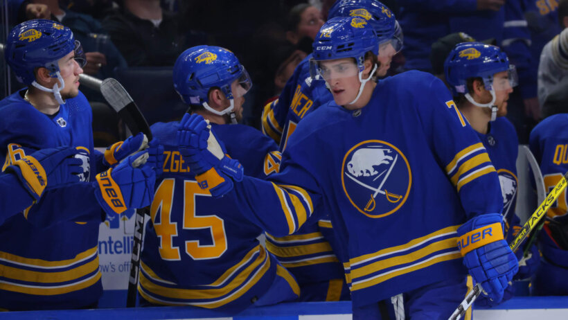 Buffalo Sabres right wing Tage Thompson celebrates goal