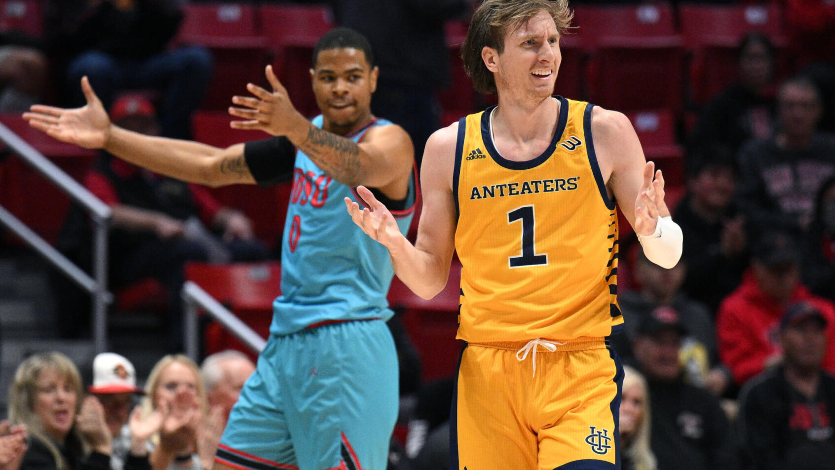 UC Irvine Anteaters guard Dawson Baker looking confused