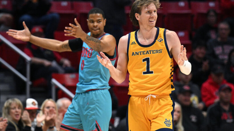 UC Irvine Anteaters guard Dawson Baker looking confused