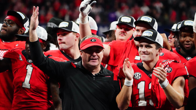 Georgia Bulldogs head coach Kirby Smart and quarterback Stetson Bennett