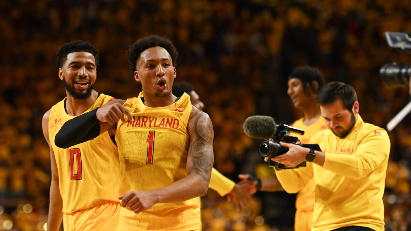 Maryland Terrapins guard Jahmir Young celebrating