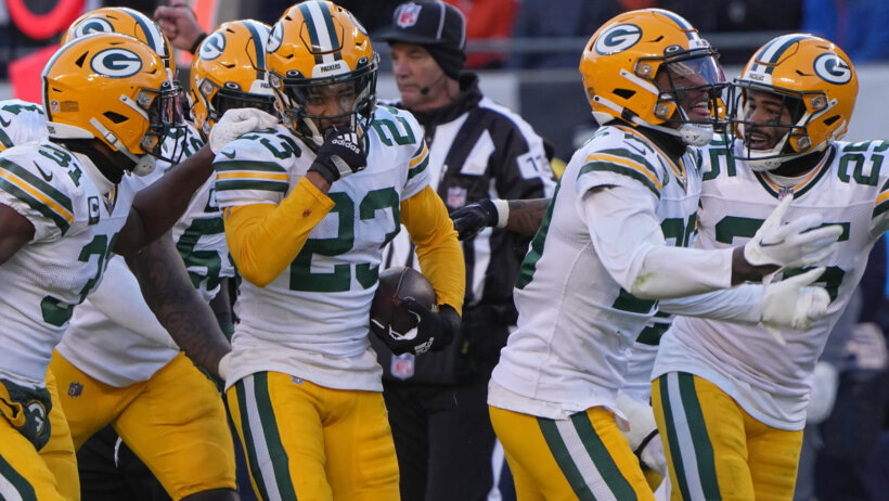 Green Bay Packers cornerback Jaire Alexander celebrates his interception