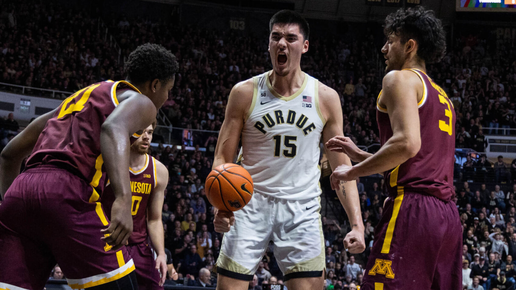 Purdue Boilermakers center Zach Edey yelling