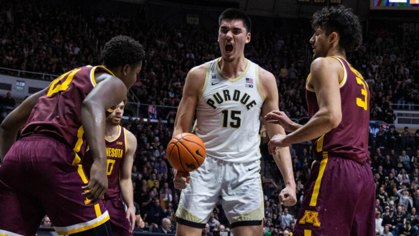 Purdue Boilermakers center Zach Edey yelling