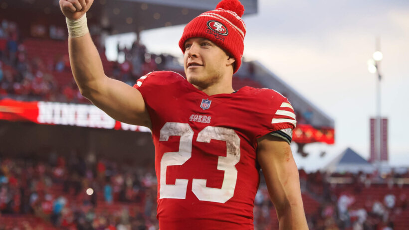 San Francisco 49ers running back Christian McCaffrey giving the crowd the thumbs up