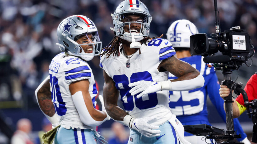 Dallas Cowboys wide receiver CeeDee Lamb celebrates with Dallas Cowboys running back Tony Pollard