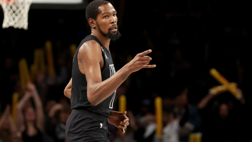 Brooklyn Nets forward Kevin Durant pointing