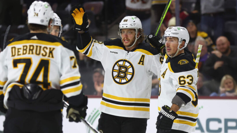 Boston Bruins David Pastrnak and David Krejci celebrate goal
