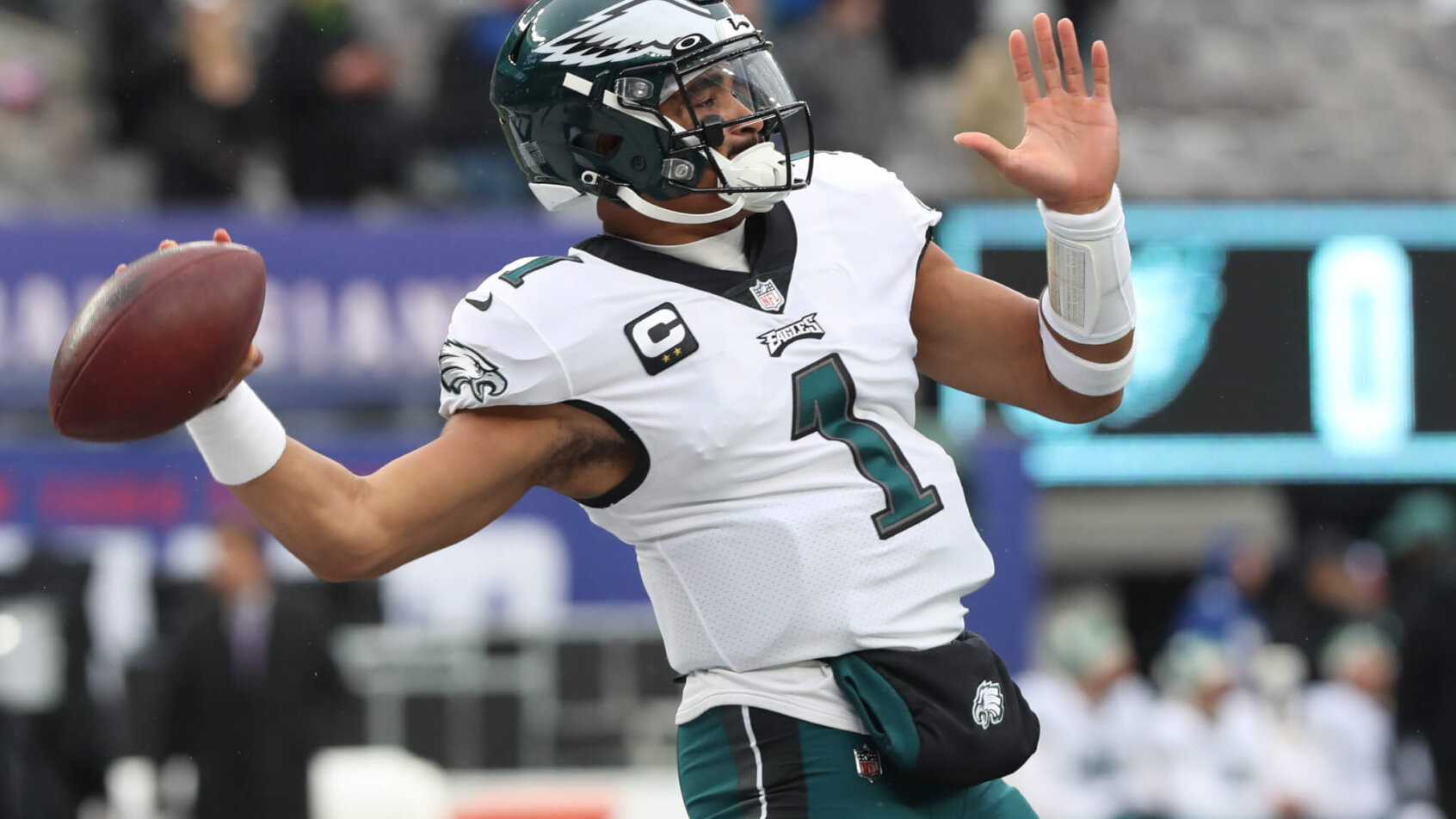Philadelphia Eagles quarterback Jalen Hurts warms up