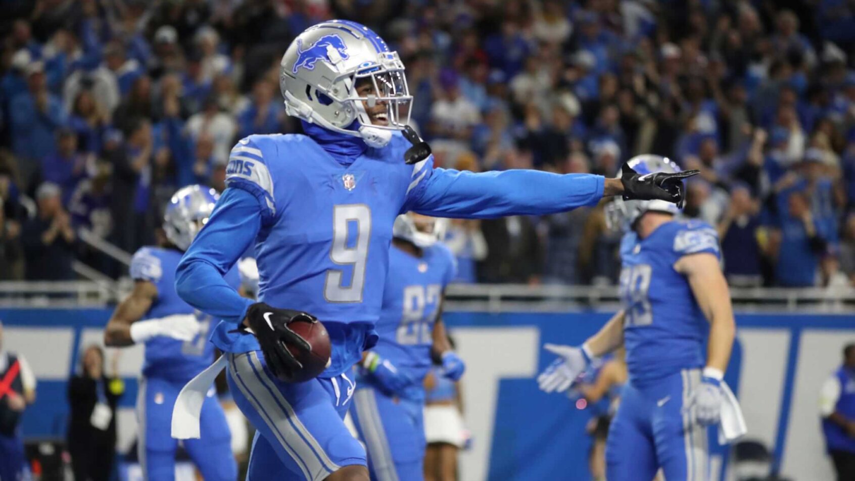 Lions wide receiver Jameson Williams celebrates
