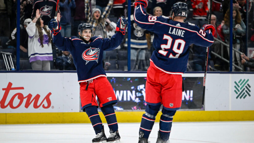 Columbus Blue Jackets Patrik Laine and Johnny Gaudreau celebrating goal