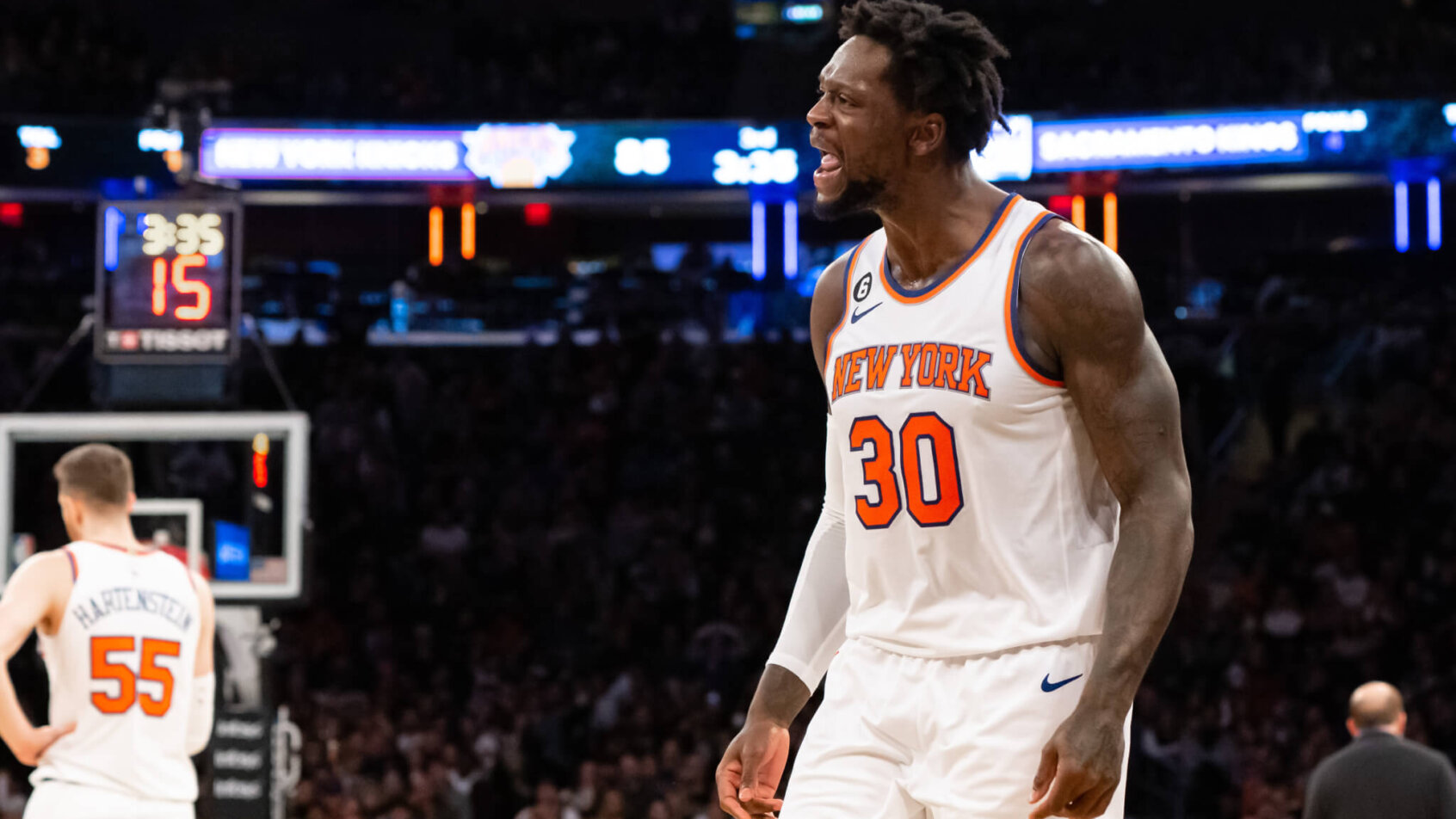 New York Knicks forward Julius Randle reacts to getting a technical foul