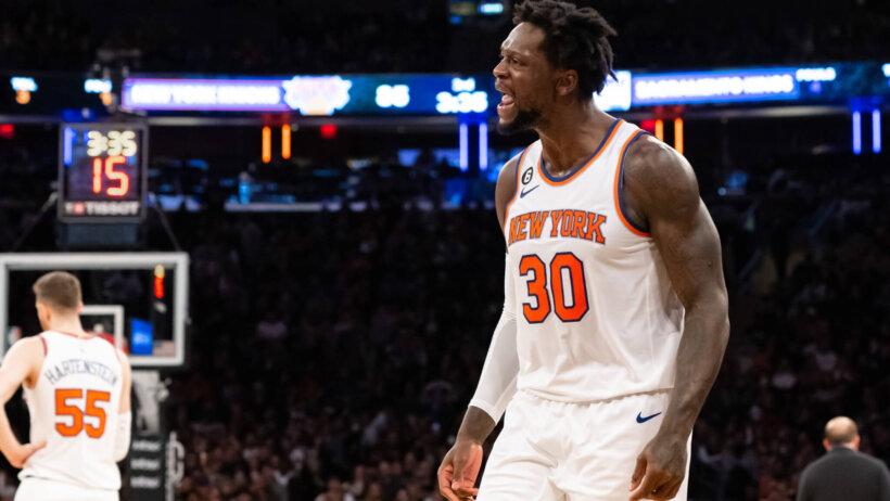 New York Knicks forward Julius Randle reacts to getting a technical foul