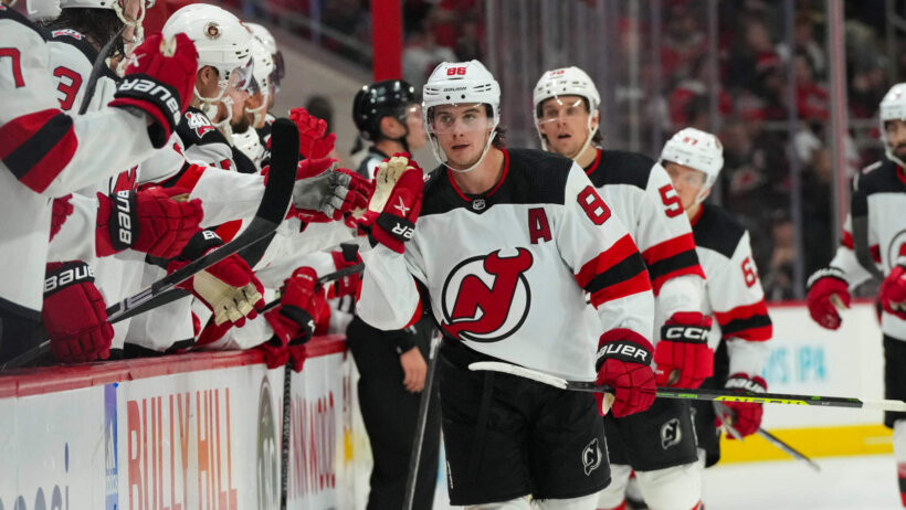 New Jersey Devils Jack Hughes celebrates his goal