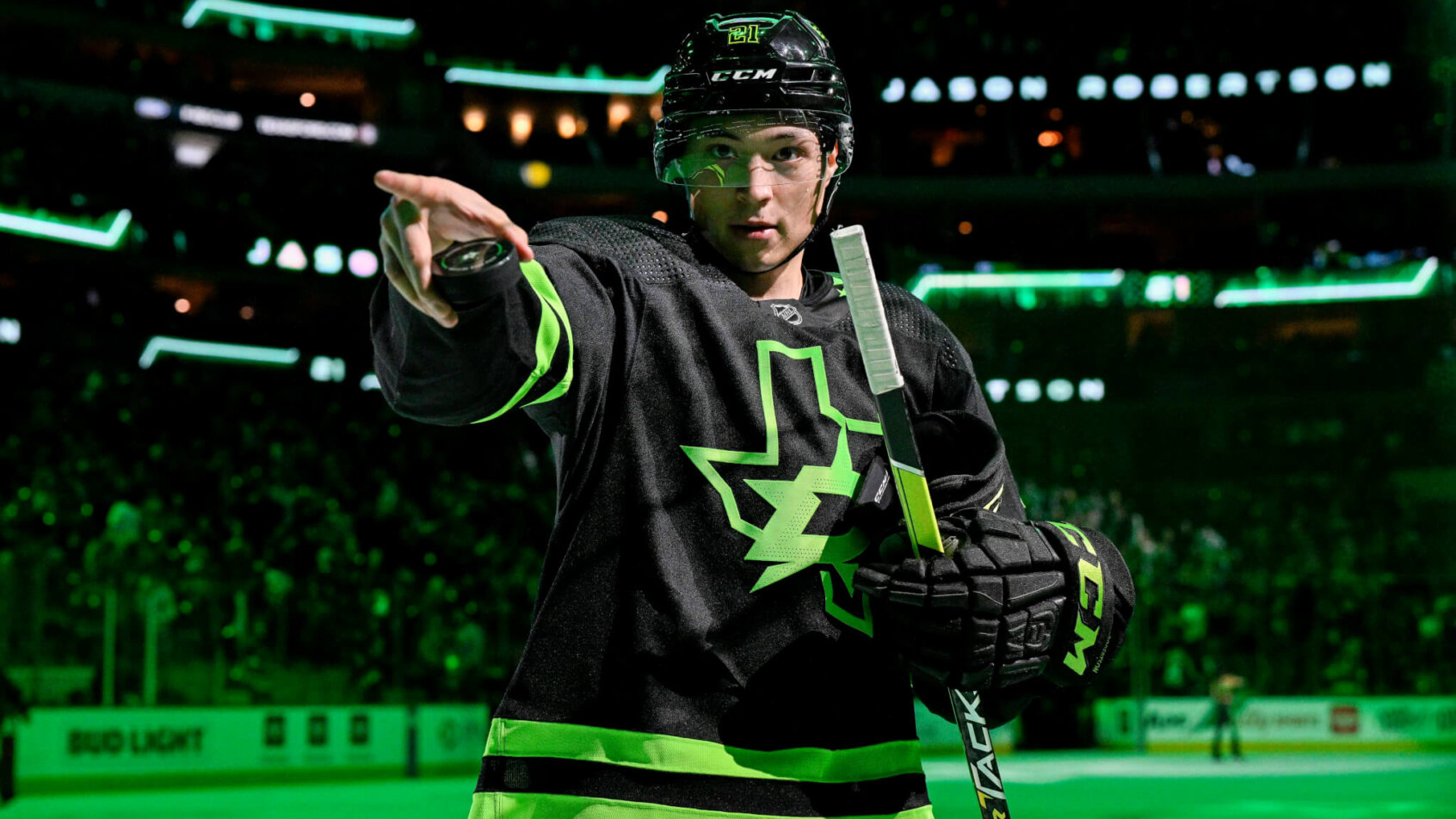 Jason Robertson celebrates postgame; Dallas Stars