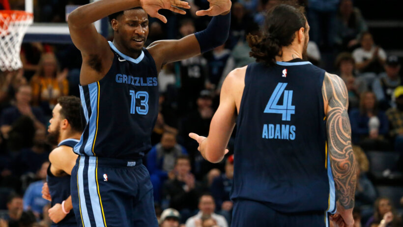 Memphis Grizzlies forward Jaren Jackson Jr. reacts with Memphis Grizzlies center Steven Adams