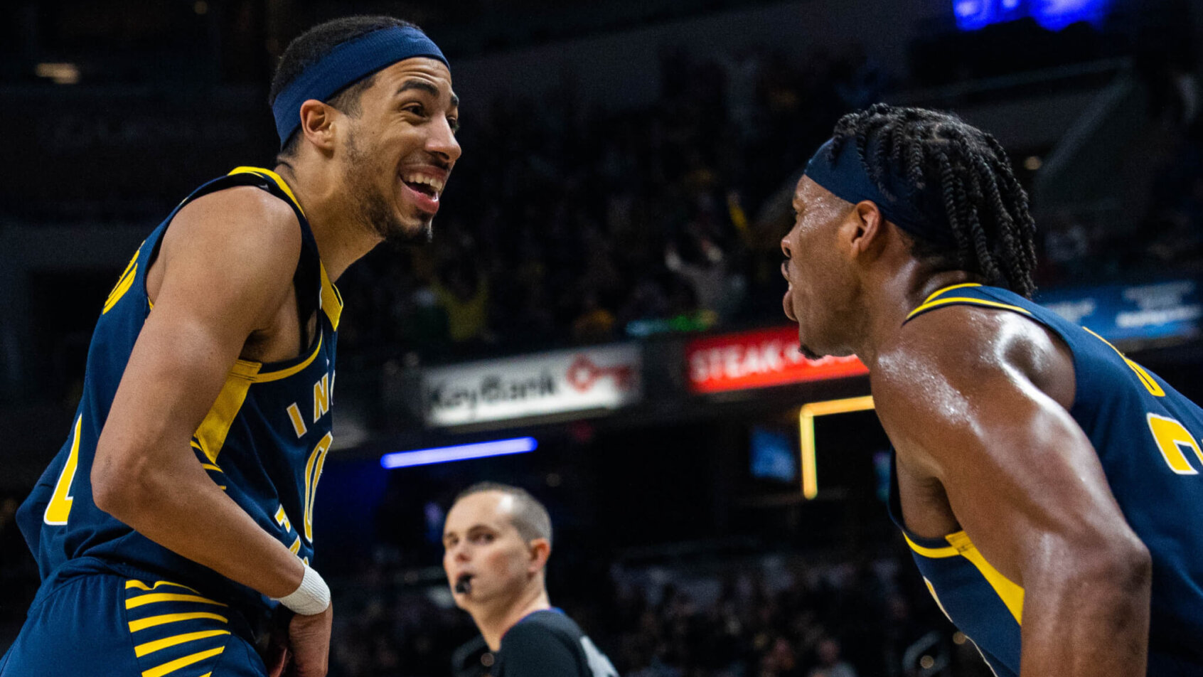 Indiana Pacers guards Tyrese Haliburton Indiana Pacers guard Tyrese Haliburton celebrating