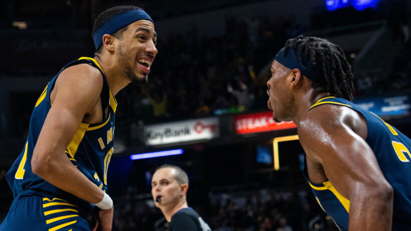 Indiana Pacers guards Tyrese Haliburton Indiana Pacers guard Tyrese Haliburton celebrating