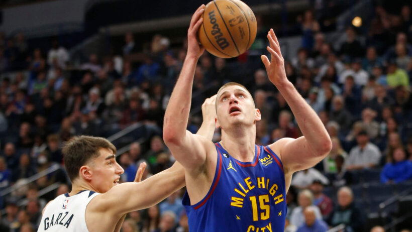 Denver Nuggets center Nikola Jokic going for a layup