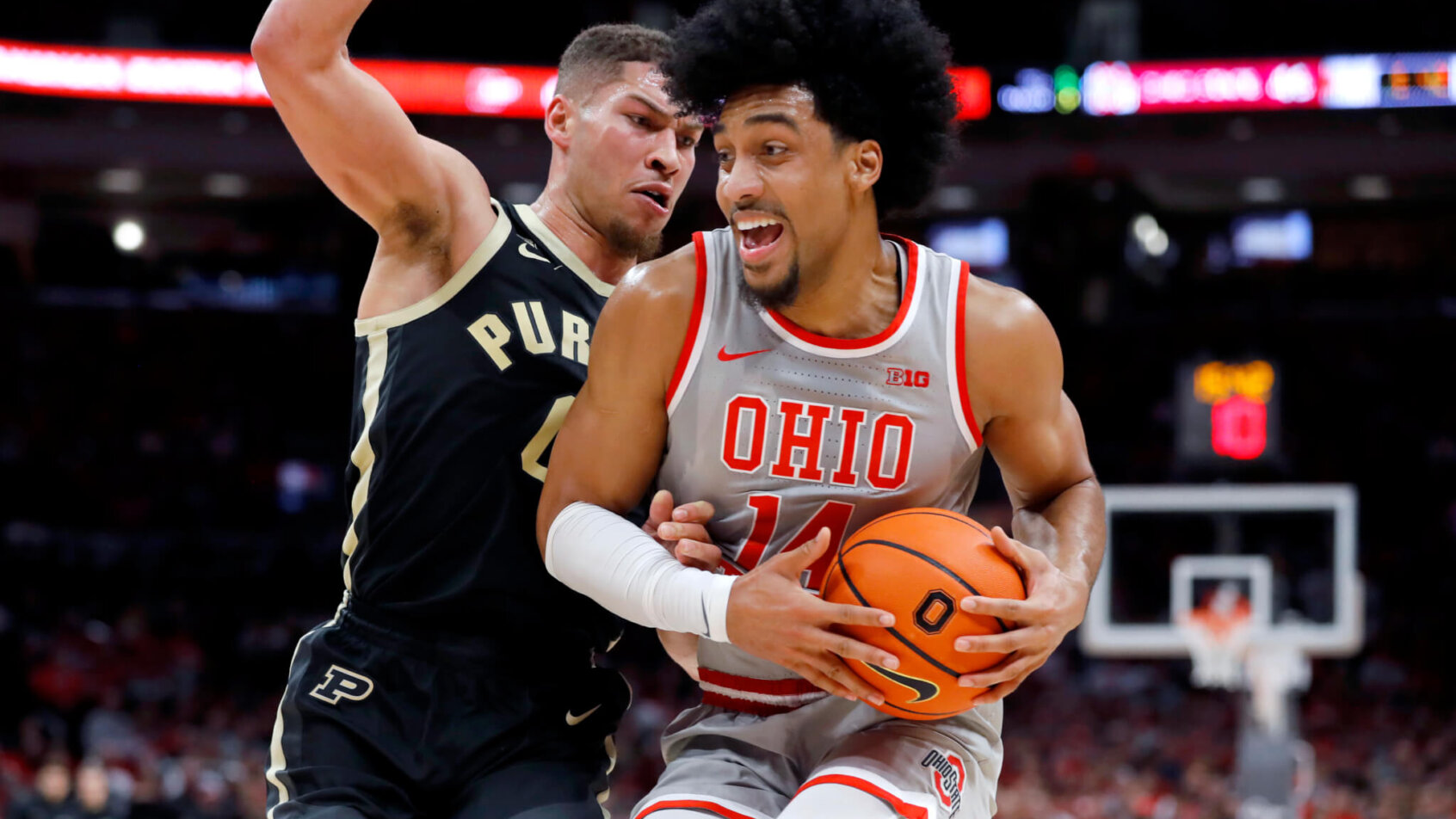 Ohio State Buckeyes forward Justice Sueing holds the ball near the basket
