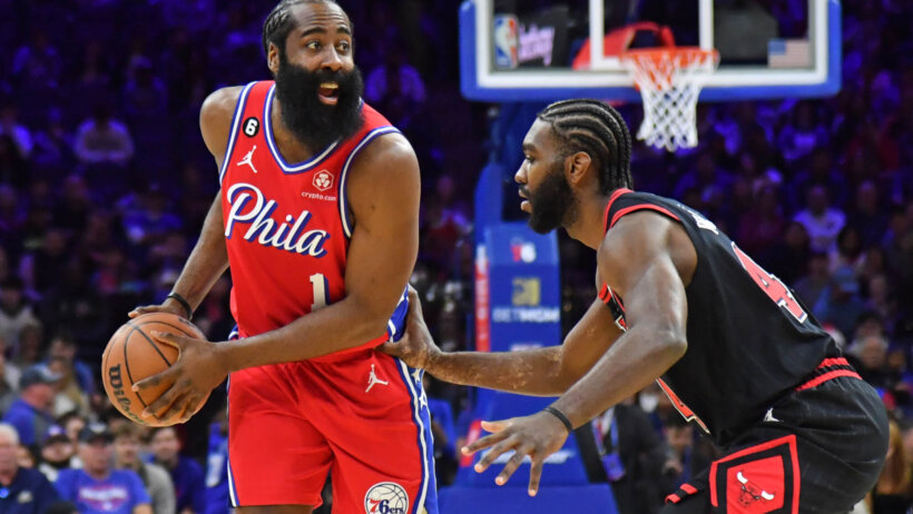 James Harden dribbles vs Chicago Bulls