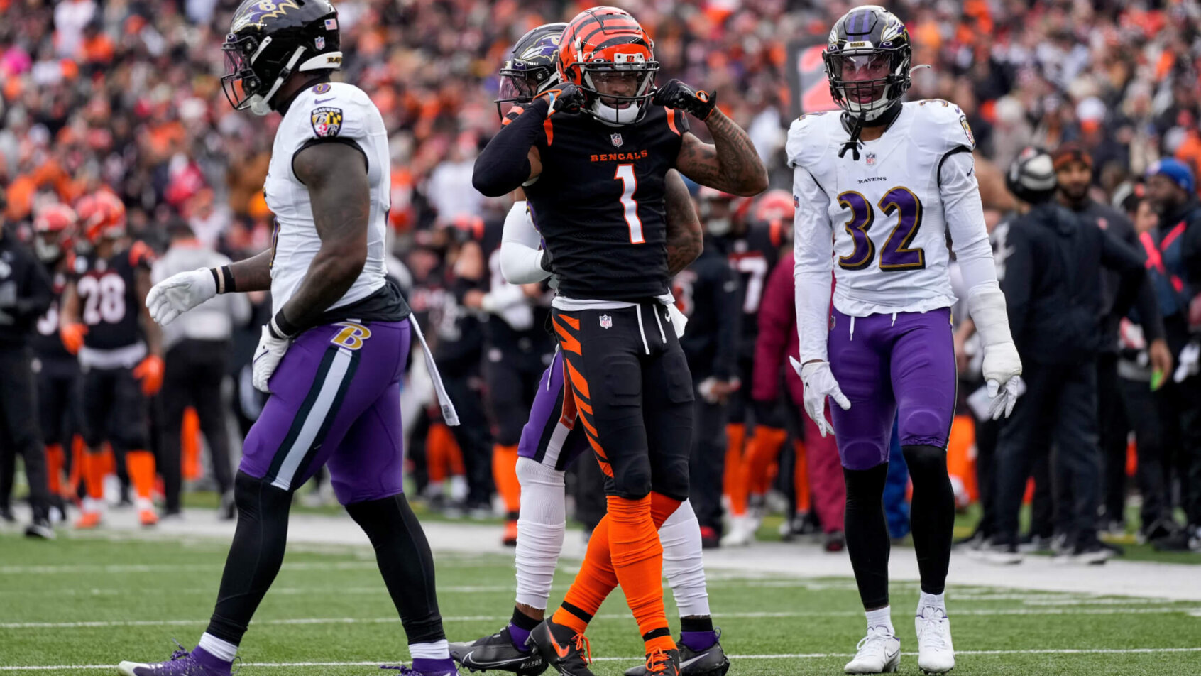 Bengals WR Ja'Marr Chase celebrates against the Ravens