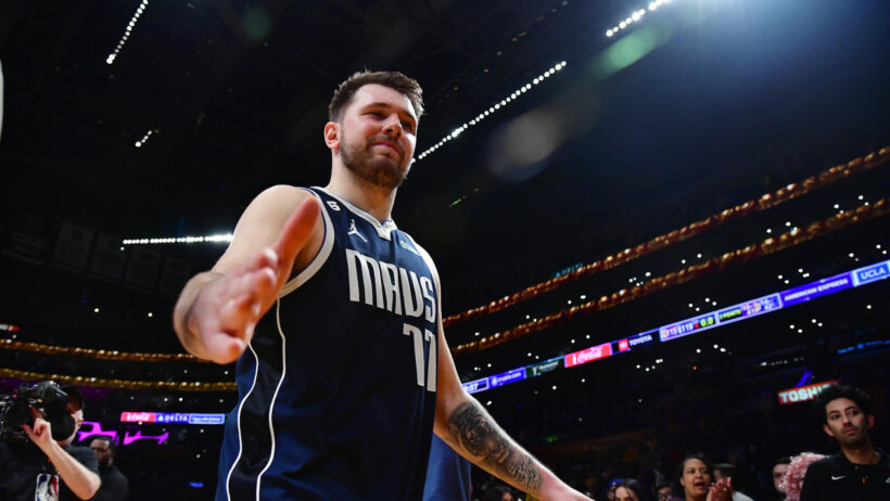Luka Doncic celebrating, walking off court