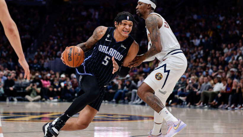 Orlando Magic forward Paolo Banchero driving to the hoop