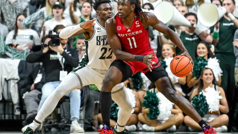 Rutgers' Clifford Omoruyi backs down a Michigan State defender