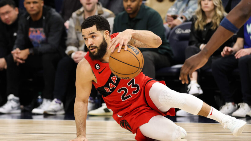 Fred VanVleet dribbling while on the ground