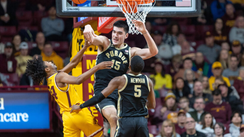 Purdue Boilermakers center Zach Edey blocking a shot