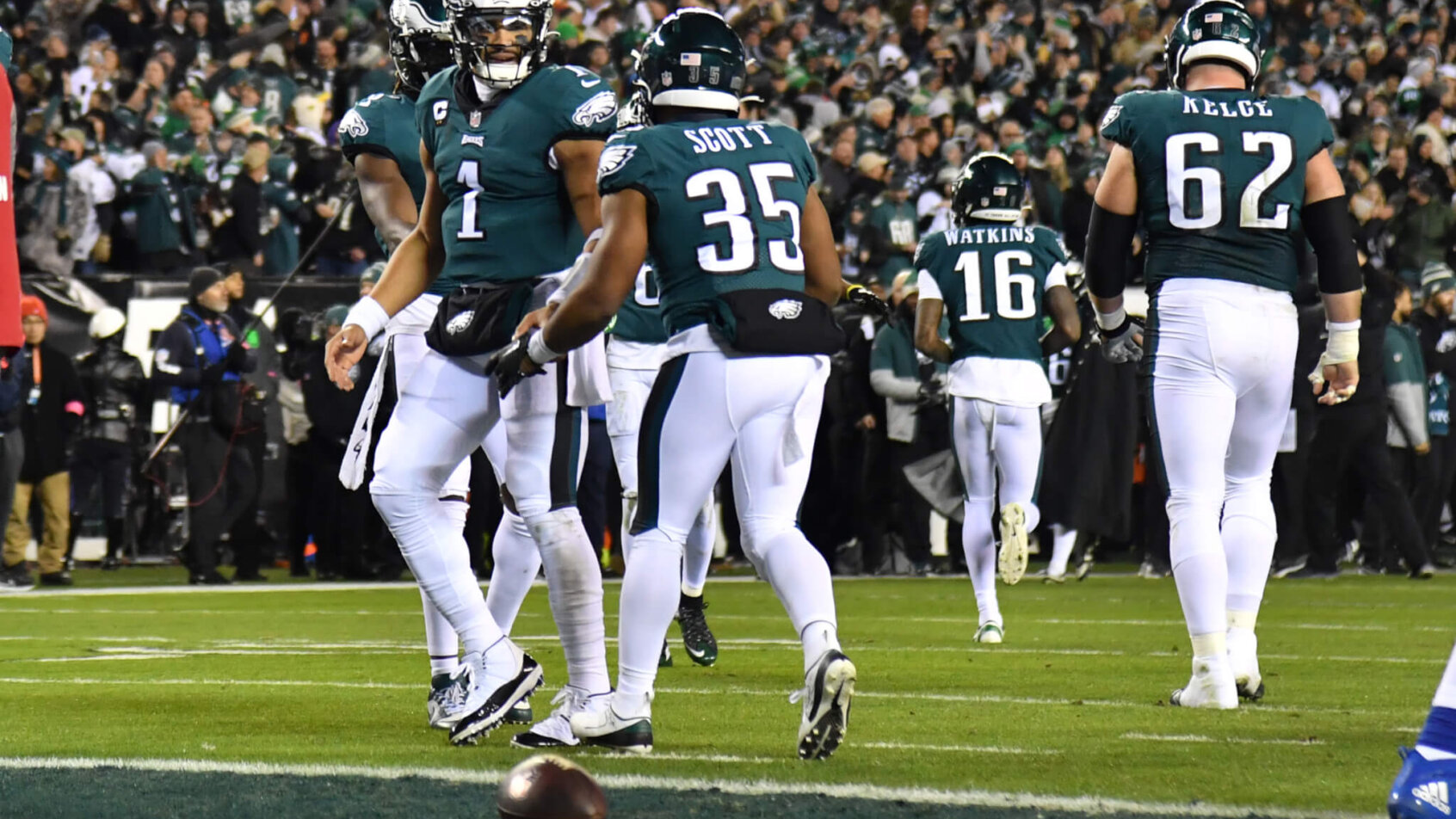 Philadelphia Eagles QB Jalen Hurts celebrates