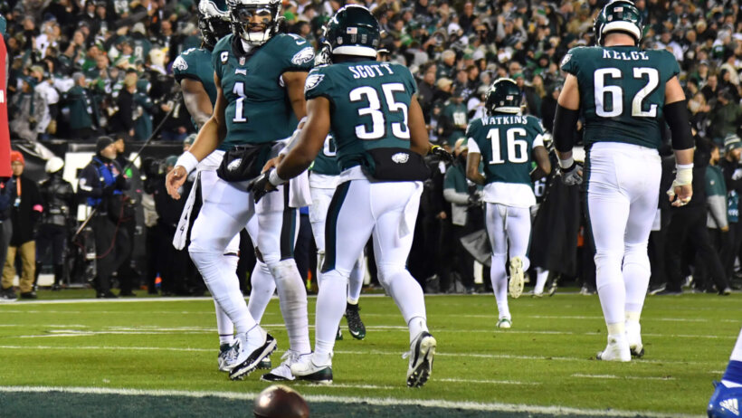 Philadelphia Eagles QB Jalen Hurts celebrates