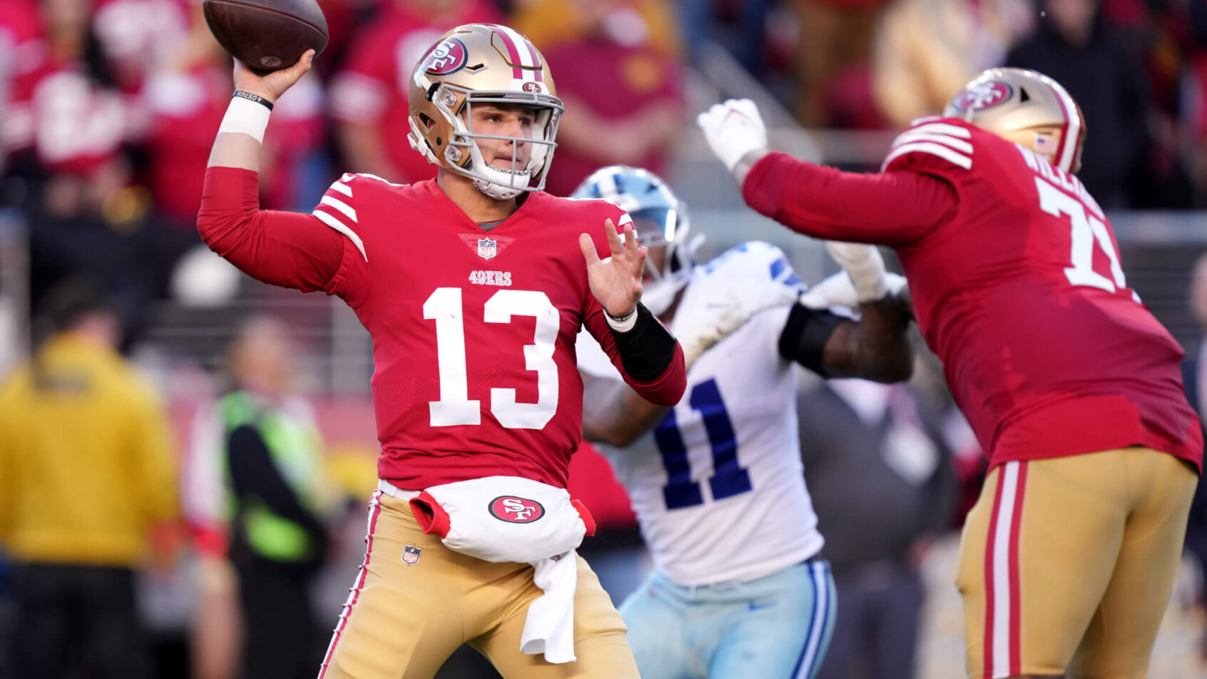 San Francisco 49ers quarterback Brock Purdy (13) throws during the first quarter