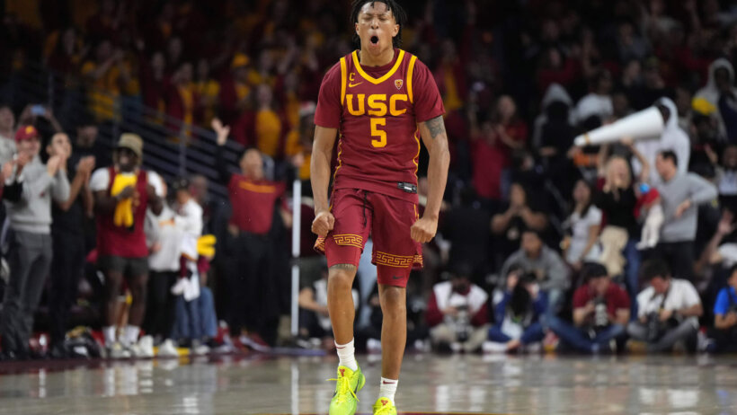 Southern California Trojans guard Boogie Ellis celebrates a basket