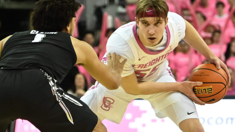 Creighton Bluejays guard Baylor Scheierman protects the ball from a defender