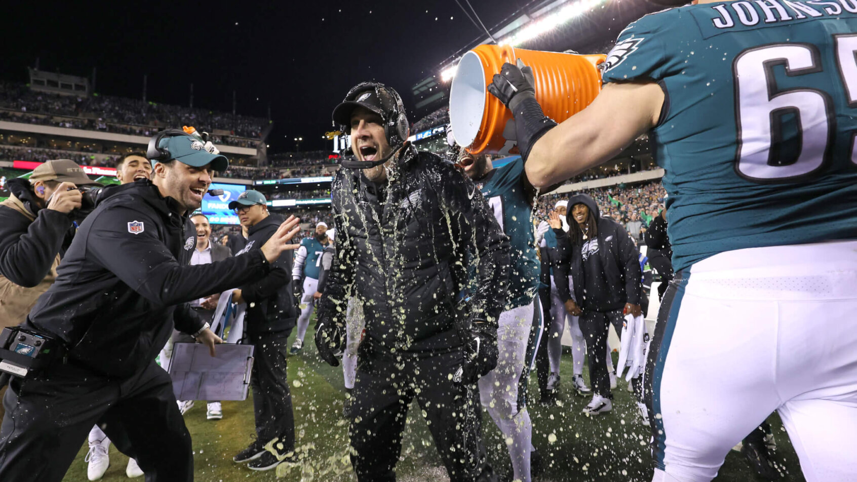 Philadelphia Eagles HC Nick Sirianni celebrates after winning the NFC Championship