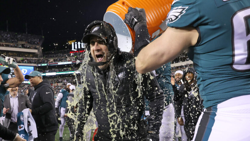 Philadelphia Eagles head coach Nick Sirianni has gatorade dumped on him