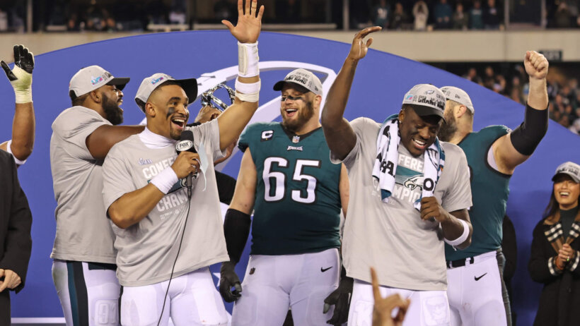 Eagles players celebrating a win in the NFC Championship