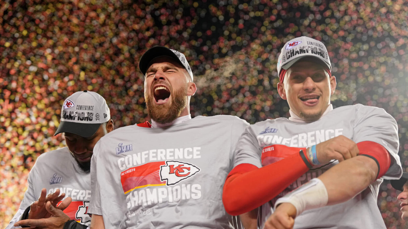 Travis Kelce and Patrick Mahomes celebrate their AFC Championship victory