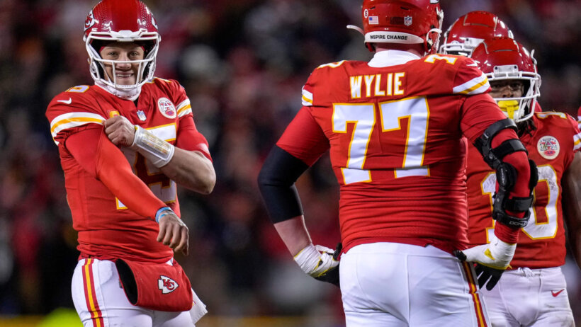 Kansas City Chiefs quarterback Patrick Mahomes looks to the sideline