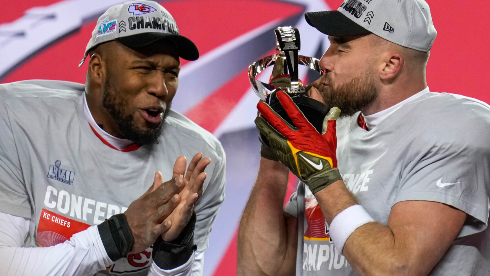 Kansas City Chiefs TE Travis Kelce celebrates after winning the AFC Championship.