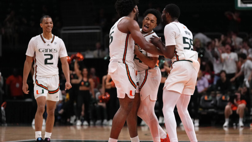 Miami Hurricanes guard Nijel Pack is congratulated by teammates