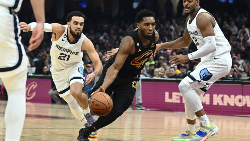 Donovan Mitchell drives; Cleveland Cavaliers